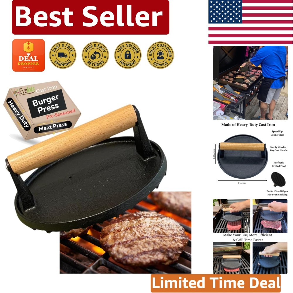 Pre-Seasoned Cast Iron Burger Smasher - Multi-Use Grill Press with Wood Handle