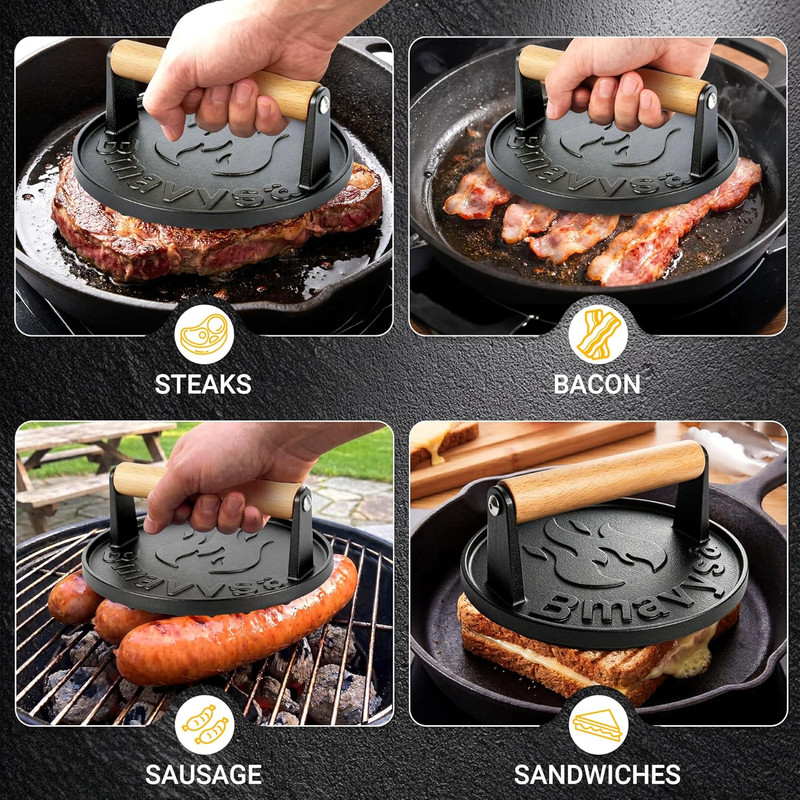 Heavy-Duty Cast Iron Smash Burger Press, Non-Stick and Rust Resistant, Burger Sm gallery