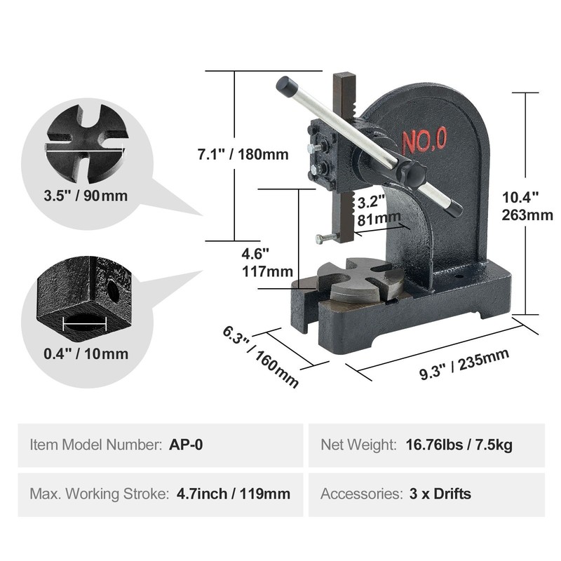 Arbor Press, 0.5 Ton Manual Arbor Press, 4.6" Maximum Height, Cast Iron Heavy-du gallery