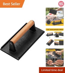 Professional Griddle Press 8.2×4.2In – Heavy Duty Cast Iron with Grooved Base