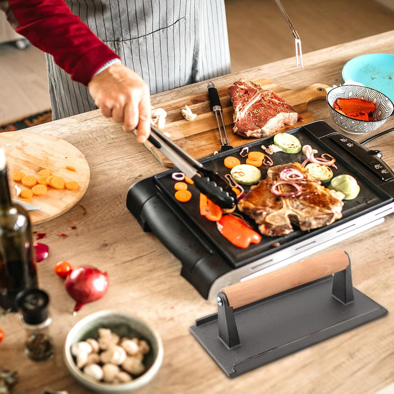 2 Pack Cast Iron Grill Press Set, 6.8" Round & 8" Rectangle Heavy Bacon Griddle gallery