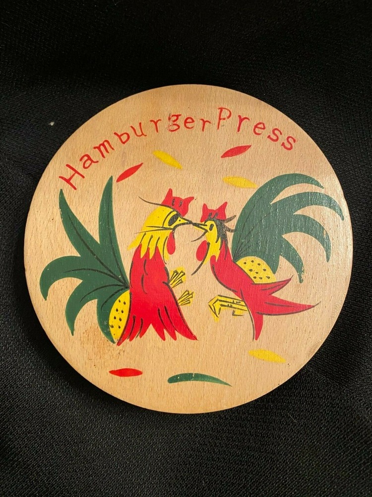 Vintage Fighting Rooster Hand Painted Wooden Hamburger Burger Press