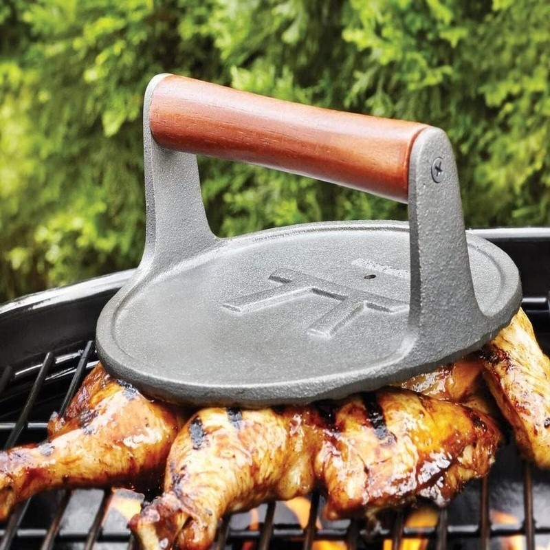 Cast Iron Grill Press Heavy Duty Non Stick Meat Cooking Tool W/ Wooden Handle US gallery