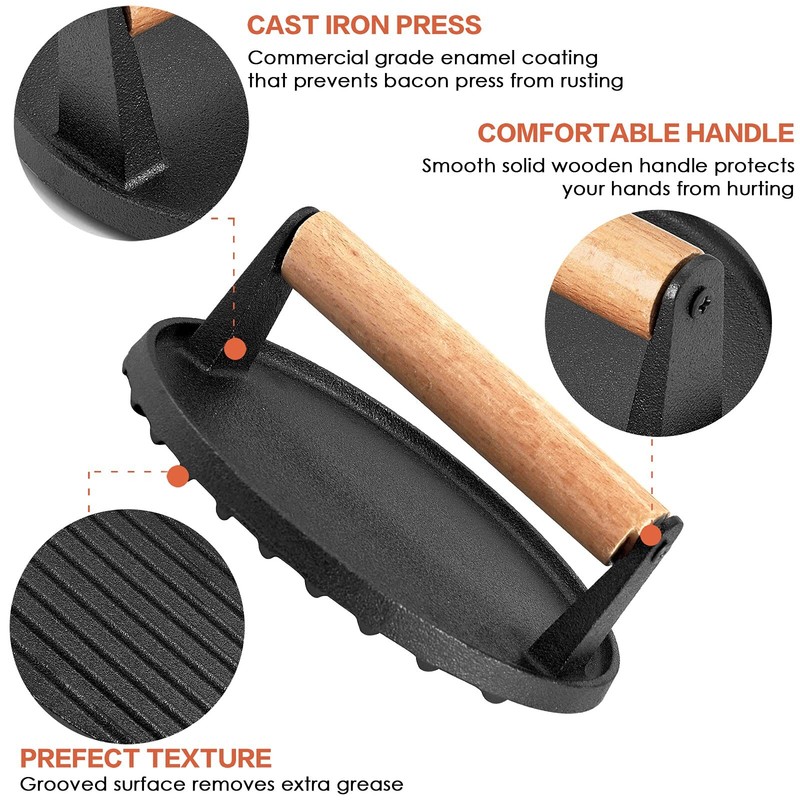 Single Cast Iron Grill Press Heavy Duty 7In Bacon Burger Press with Wooden Ha... gallery