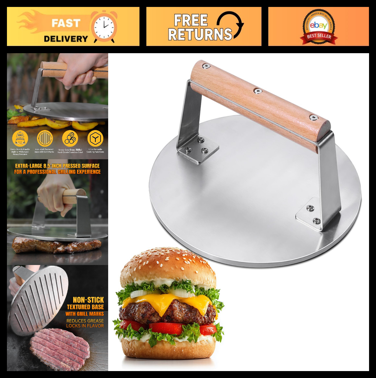 Extra-Large 8.5-Inch Burger Press - Heavy Duty Stainless Steel, Easy Clean, Perf gallery