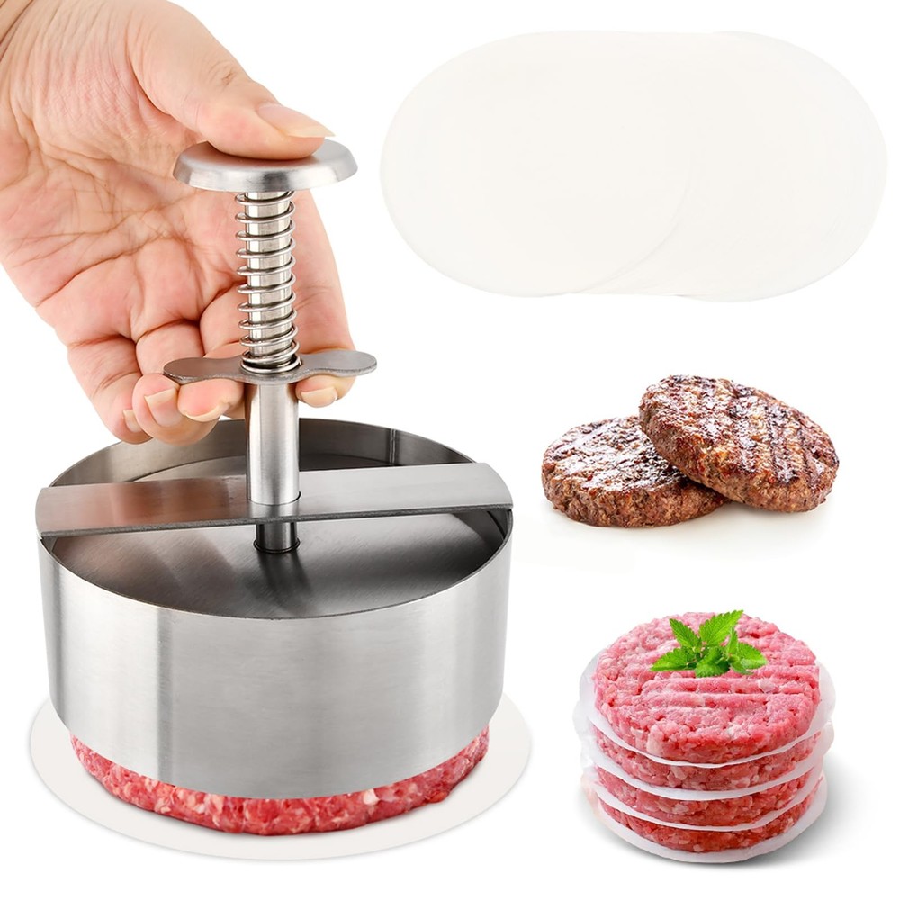 Burger Press 304 Stainless Steel 4.5 Inch Adjustable Patty Maker 50 Paper