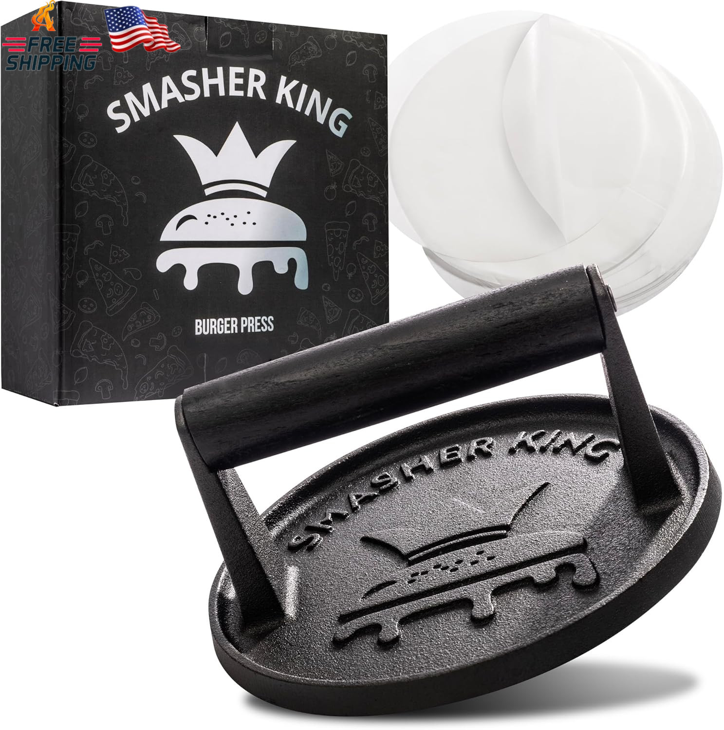 SMASHER KING™ - Premium Cast Iron Smash Burger Press Incl. 25 Pcs of Patty Paper gallery