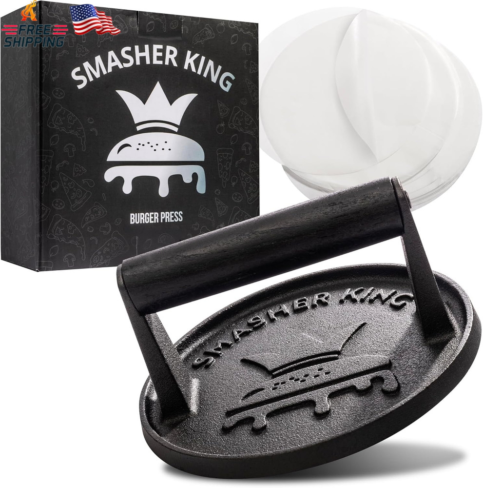 SMASHER KING™ - Premium Cast Iron Smash Burger Press Incl. 25 Pcs of Patty Paper