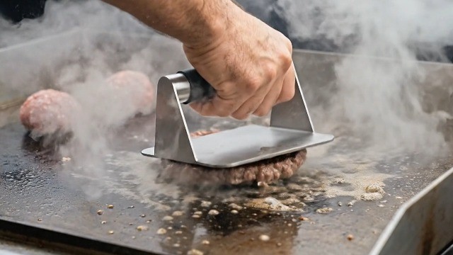 Stainless Steel Burger Press 5.5" Round & Square - Non-Stick Meat Masher + 100 P gallery