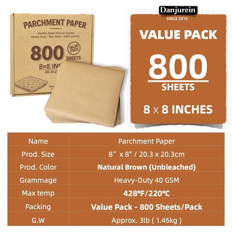 Danjurein 800 Sheets Value Pack 8x8 Parchment Paper 8×8 - 800 Sheets, Brown gallery