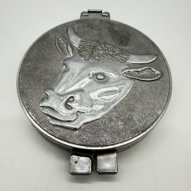 Vintage Aluminum Hamburger Patty Press, Cow Embossed Design gallery