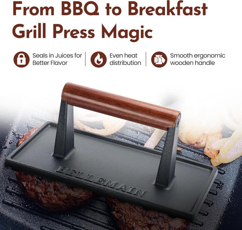 Bacon Press Rectangle | Heavy-Duty Cast Iron Grill Press for Perfectly Seared Ba gallery