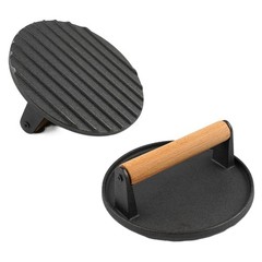 Round Meat Pressing Plate with Wood Handle Non-Stick Iron Burger Press Pan