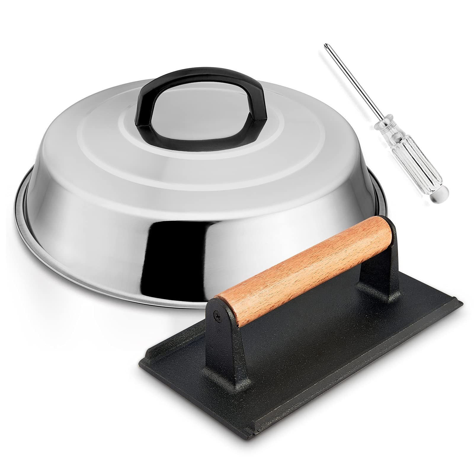 12In Cheese Melting Dome & 8x4In Cast Iron Grill Press, Stainless Steel Basti... gallery