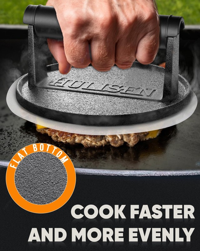 Pre-Seasoned Cast Iron Burger Press Includes 100 Pcs Patty Paper 2.3lb Heavy ... gallery