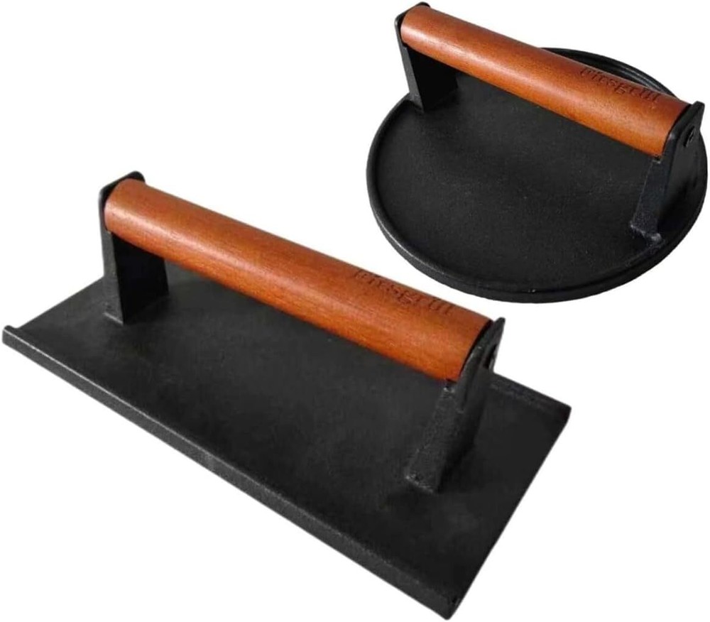 7.08" Round & 8.3”X4.3”Rectangle Heavy-Duty Cast Iron Smash Meat Steak With Wood