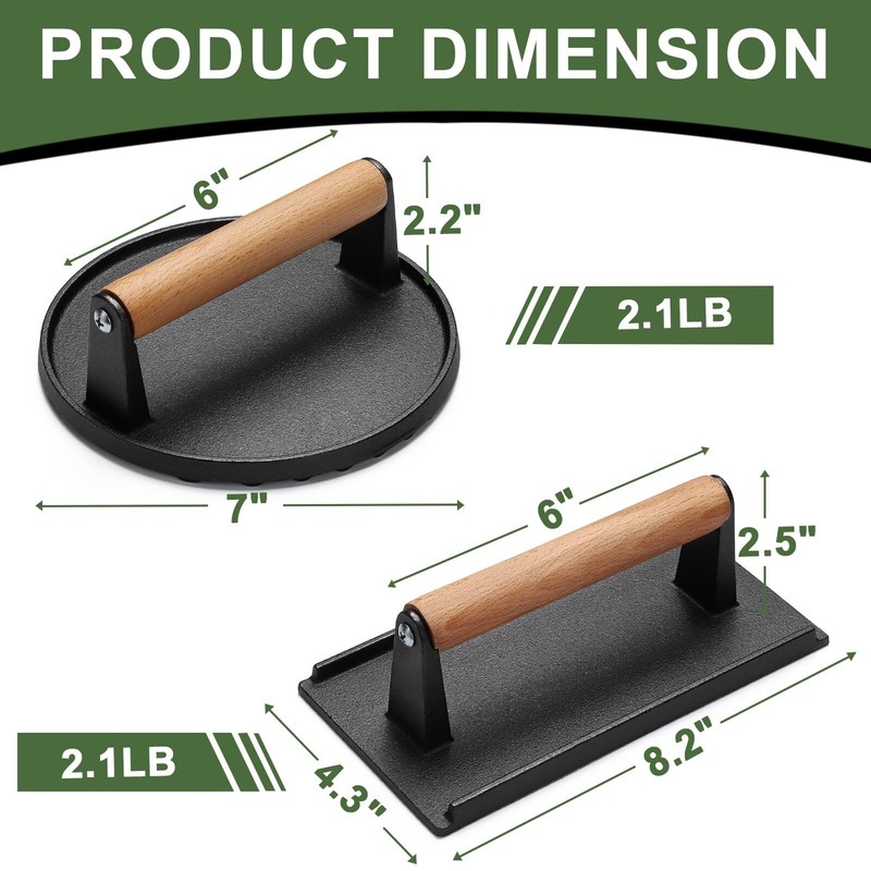 EWFEN Burger Press 7" Round & 8.2"X4.3" Rectangle Heavy-Duty Cast Iron Smash ... gallery
