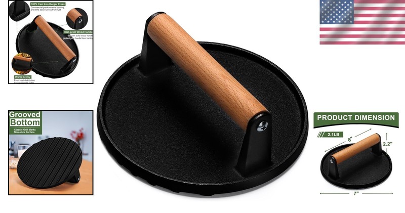 Ergonomic 7-Inch Bacon Press: Cast Iron Tool for Healthy Grilling Mastery gallery