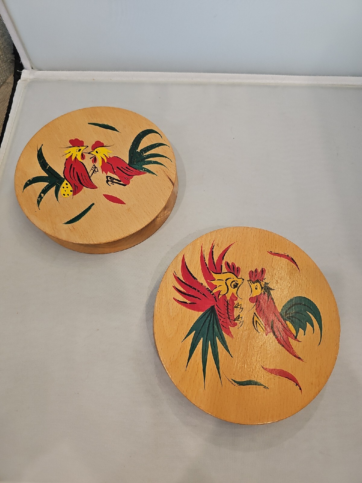 Vintage Wooden Wood Hamburger Presses Hand Painted Folk Art Chickens Rooster S4 gallery