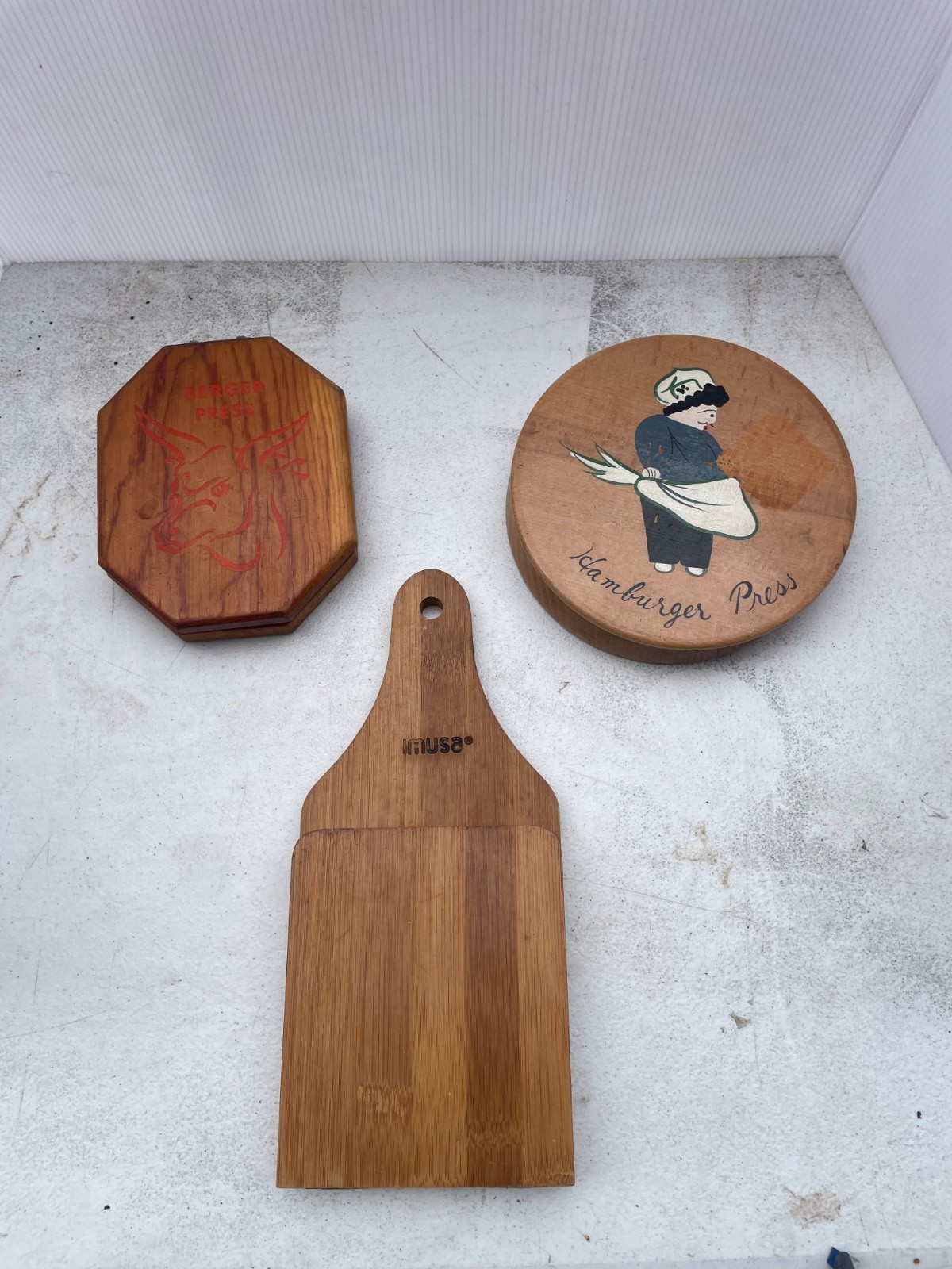 Vintage Lot of 3 Wooden Hamburger Press Berger Cow Chef Farmhous Decor gallery
