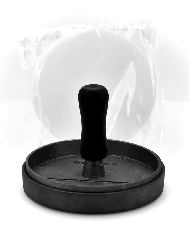 Gwhole Hamburger Press&Paper Sheets,Cast Iron,Wood Handle,Ribbed Press,Paper,5"d gallery