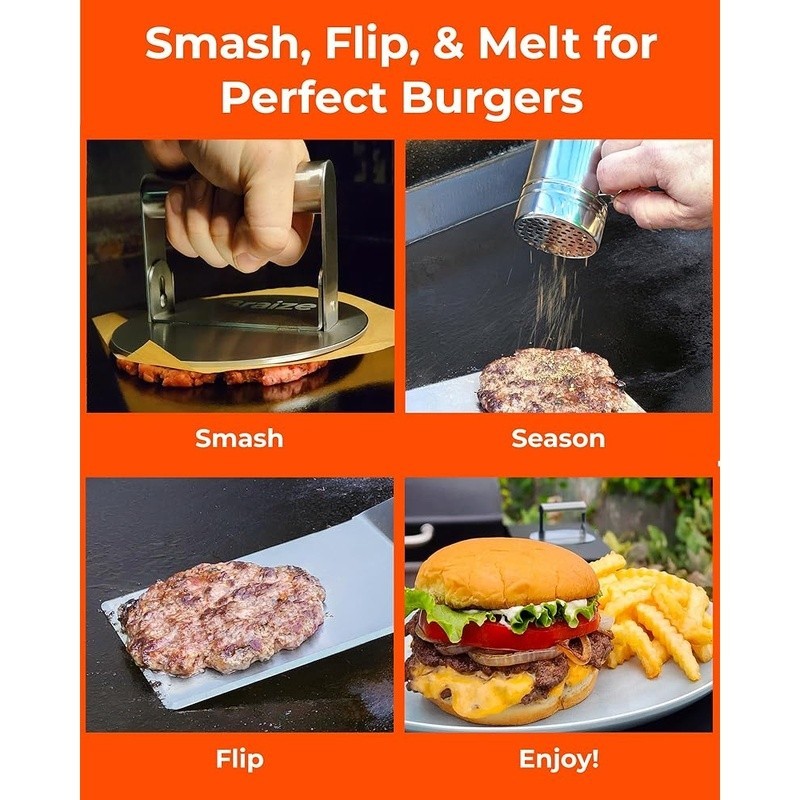 Complete Burger Press Kit Stainless Steel Spatula Spices Juicy Smash Burgers New gallery