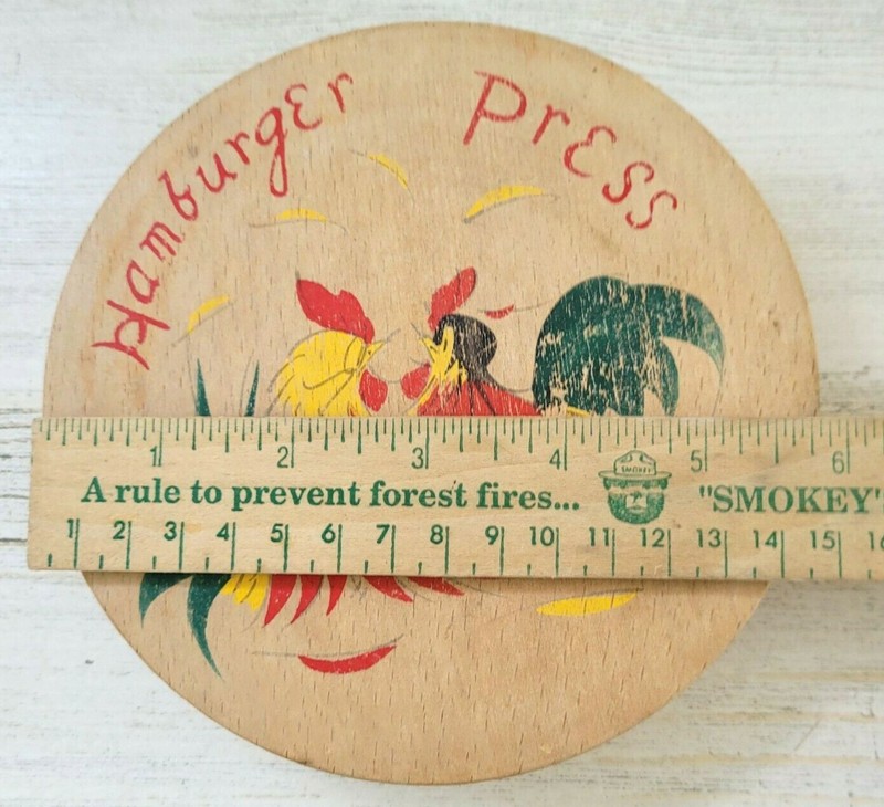 Wood Hinged Hamburger Press Hand Painted Fighting Roosters Vintage Japan 1950s gallery