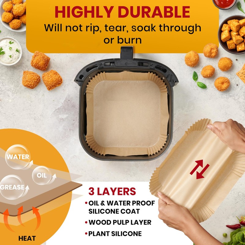 Air Fryer Paper Liners, 125Pcs 8" Square, Unbleached Natural Brown gallery