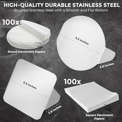 Stainless Steel Burger Press 5.5" Round & Square - Non-Stick Meat Masher + 100 P gallery