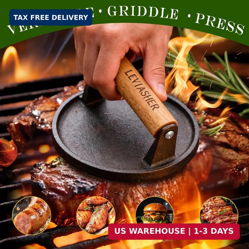 2.3lb Steak Weight & Burger Press, Striped Base, 7" Heavy Duty Cast Iron Grill P gallery