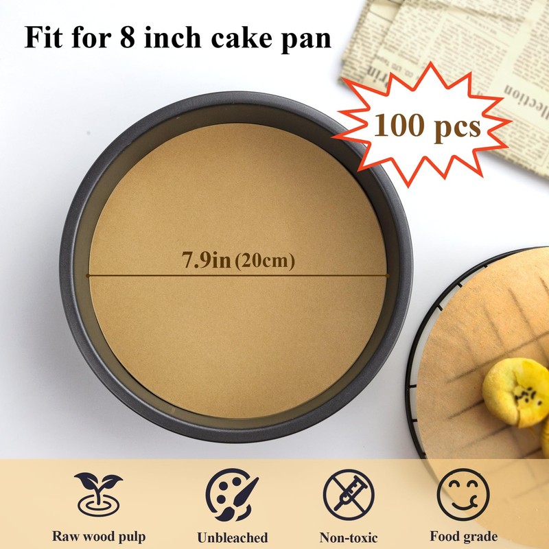 DISSKNIC 8 Inch Parchment Paper Rounds, 100PCS Unbleached 8in-100ps, Brown gallery