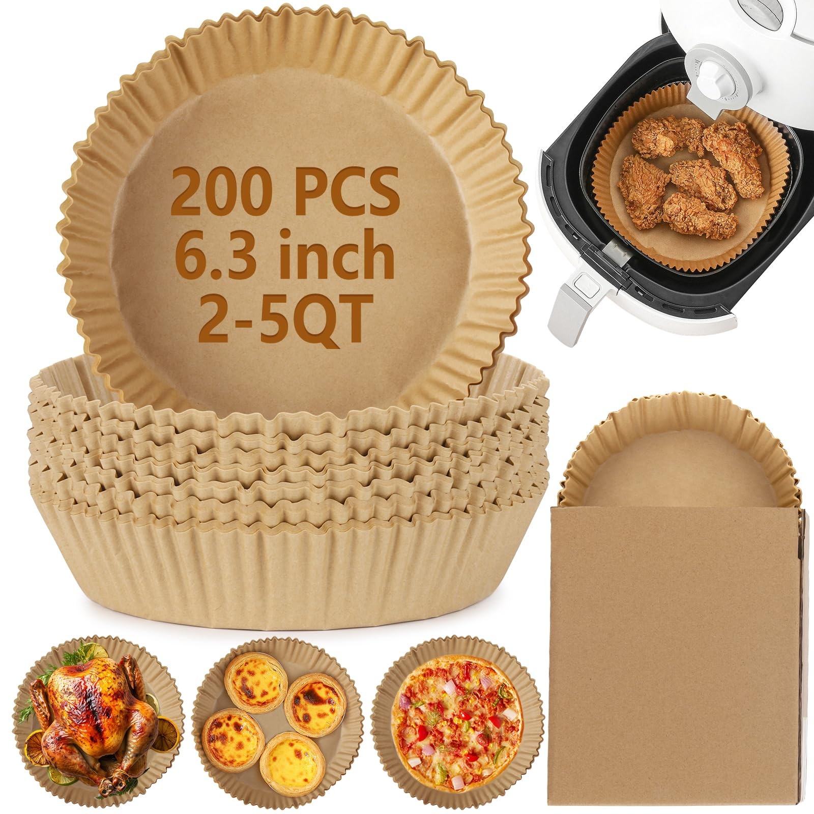 200Pcs Air Fryer Disposable Paper Liner, Round 6.3"Round, Wood color gallery
