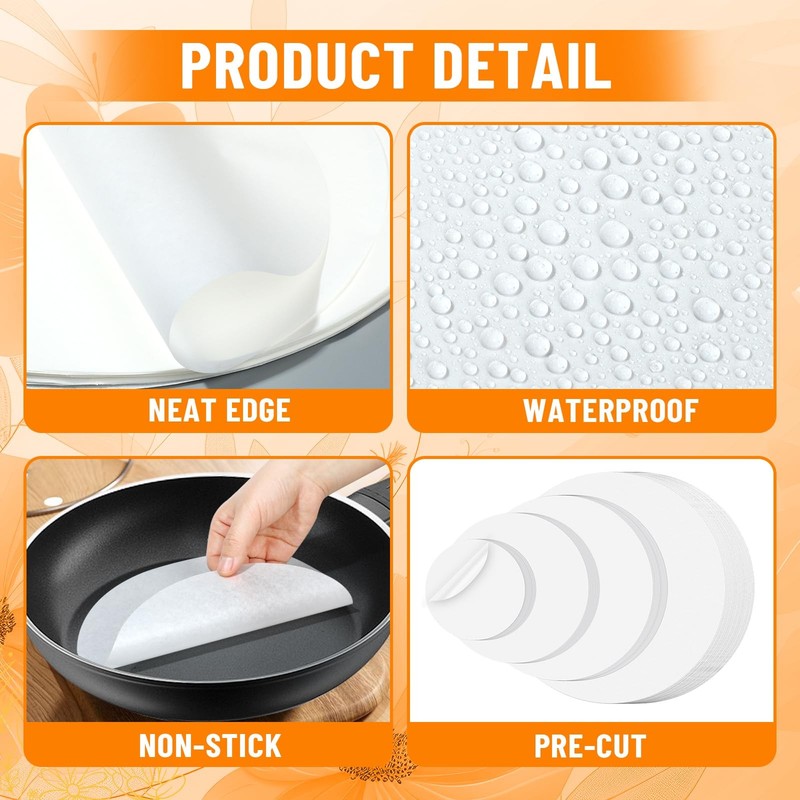ISKYBOB 200 Sheets Parchment Paper Rounds, 4in 6in 8in 10in Multi, White gallery