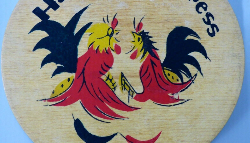 Rooster Chicken Hamburger Burger Press Wooden Fighting Hand Painted Vintage gallery