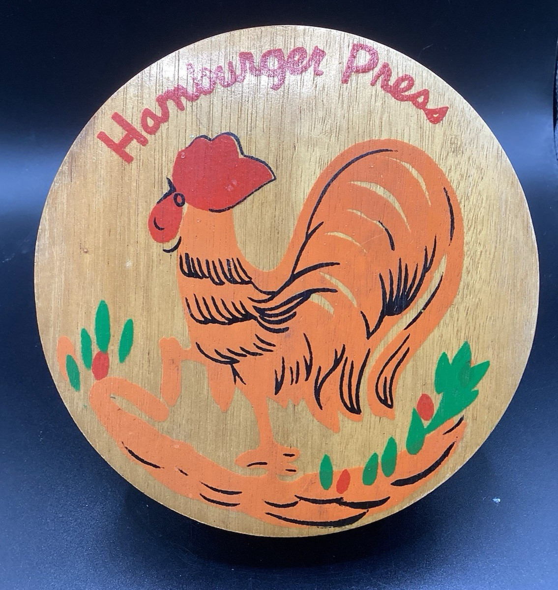 Vintage Wood Hamburger Press Rooster Hen Chicken Motif 5.5" Diameter Hinged gallery