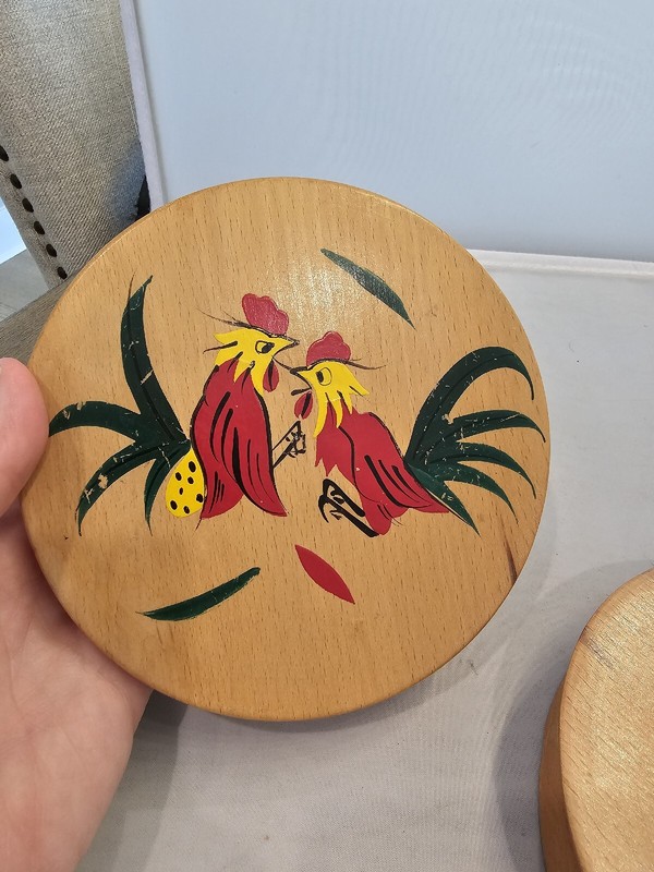 Vintage Wooden Wood Hamburger Presses Hand Painted Folk Art Chickens Rooster S4 gallery