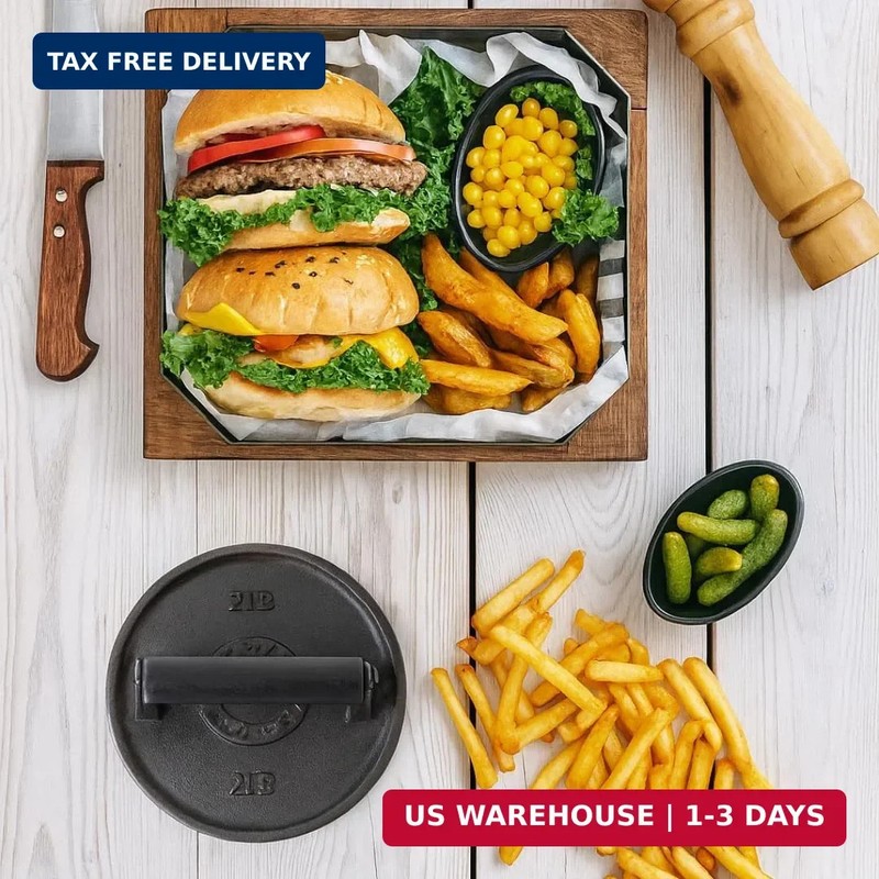 Barbell Plate Design Cast Iron Burger Press 6.5" Round Heavy-Duty Smash Burger P gallery