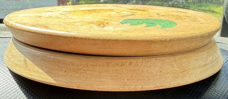 Wooden Hinged Round Hamburger / Patty Press Painted Roosters Vintage Japan gallery