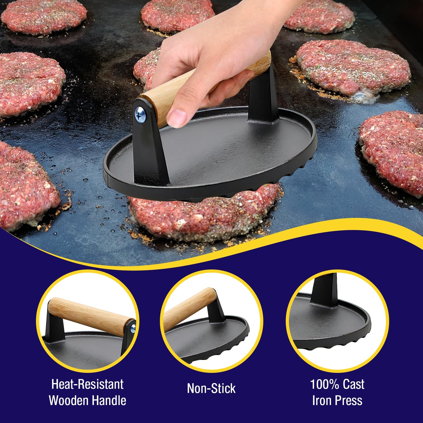 Bacon Press and Grill 2 Piece Set - Durable Cast Iron Meat Hamburger Smasher gallery