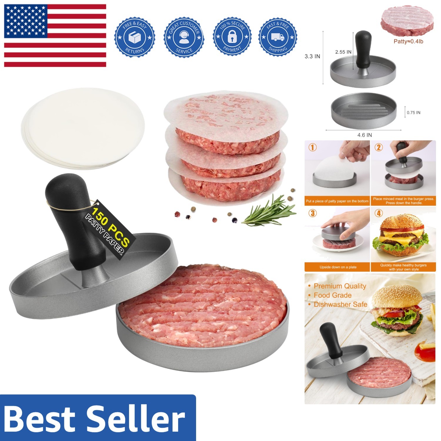 Elegant Aluminum Burger Patty Maker with 150 Wax Paper for Professional Results gallery