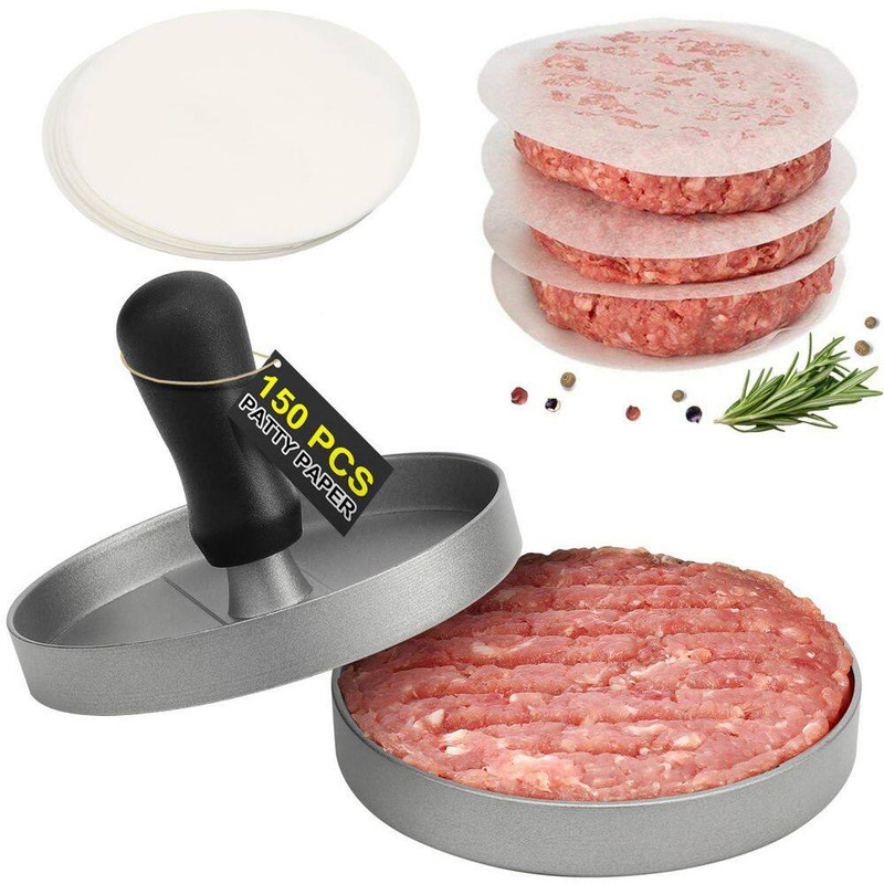 Aluminum Burger Press with Non-Stick and 150 Patty Wax Paper for Outdoor, Kitche gallery