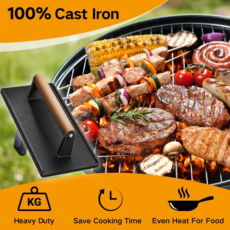 Cast Iron Grill Press-1PCS, Heavy Duty Bacon/Burger/Griddle/Chef Press with Wood gallery