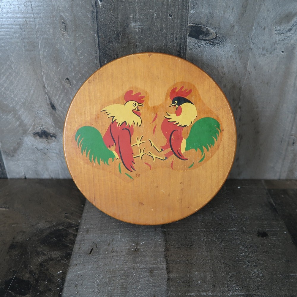 1960s Wood Fighting Rooster Hamburger Press Vintage Hinged Kitchen Chicken