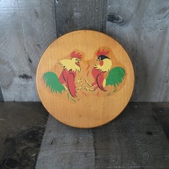 1960s Wood Fighting Rooster Hamburger Press Vintage Hinged Kitchen Chicken