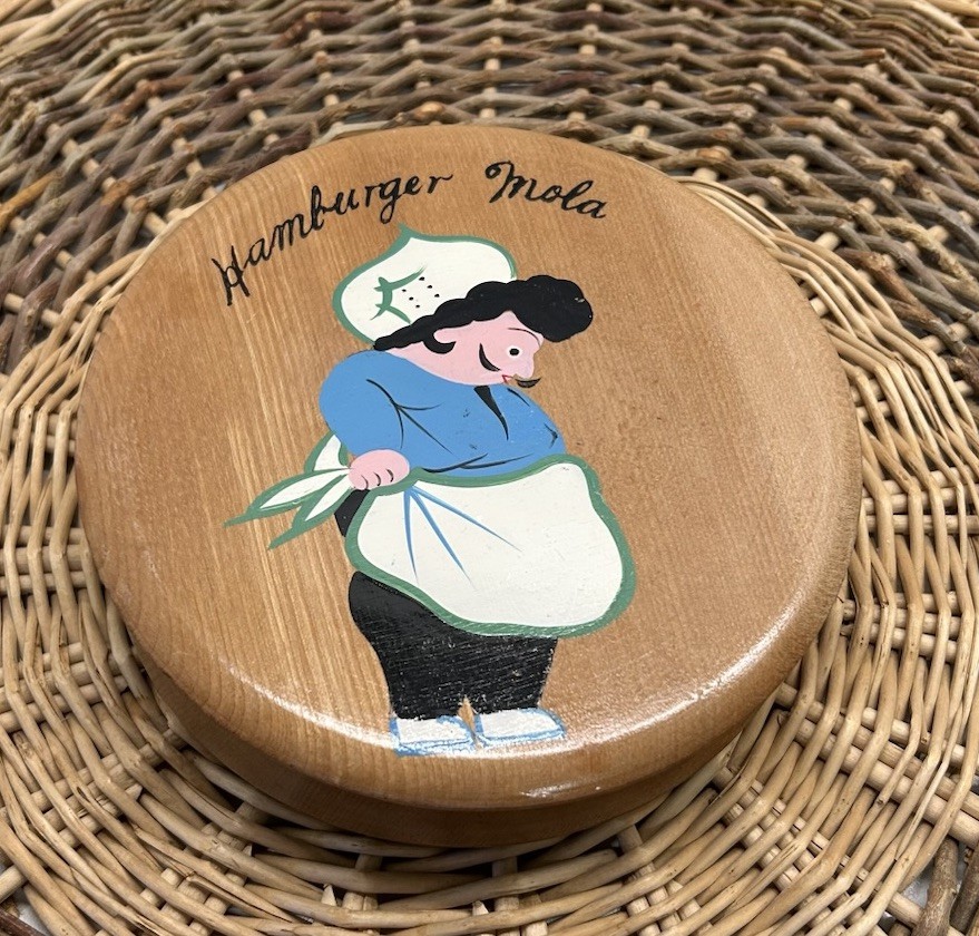 Vintage 1950s Wood Hamburger Mola Press Mold Chef Motif Hinged gallery