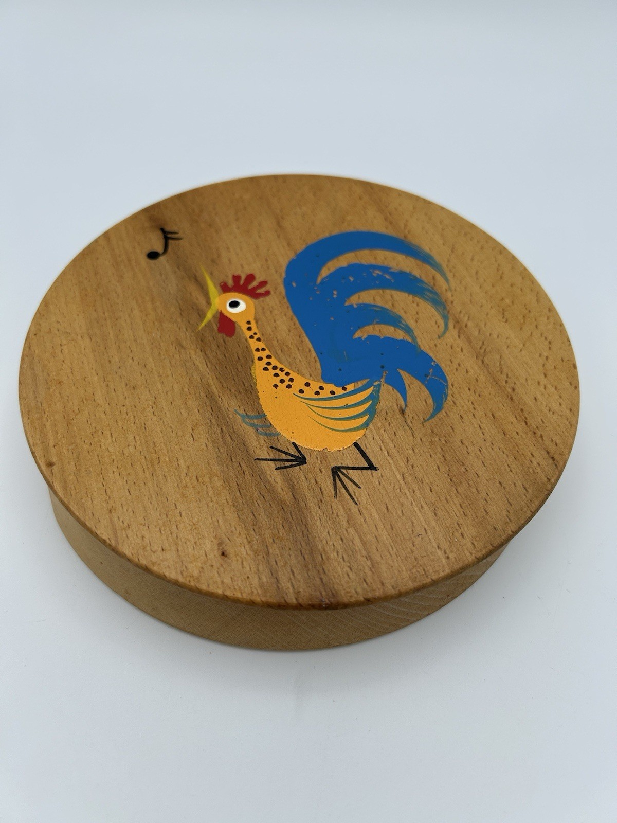 Vintage Wooden Hamburger Press with Colorful Singing Rooster Design gallery