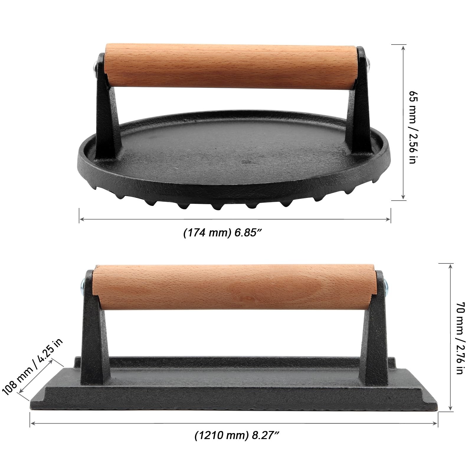 Cast Iron Grill Press 6.8" Round & 8" Rectangular - 2.2lbs Heavy Weight gallery