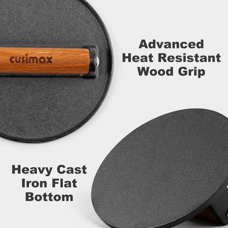 6.3"Cast Iron Smashed Burger Press Heavy-Duty Smasher with Wood Grip Round Flat gallery