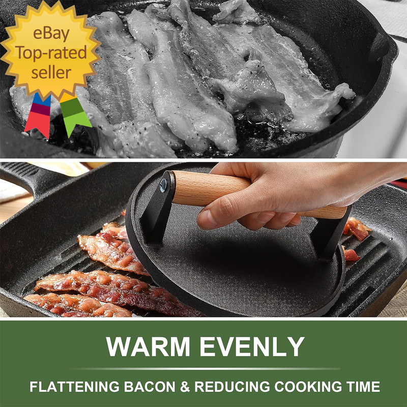 Burger Press, 7" round Heavy-Duty Cast Iron Smash Bacon Press Meat Steak gallery