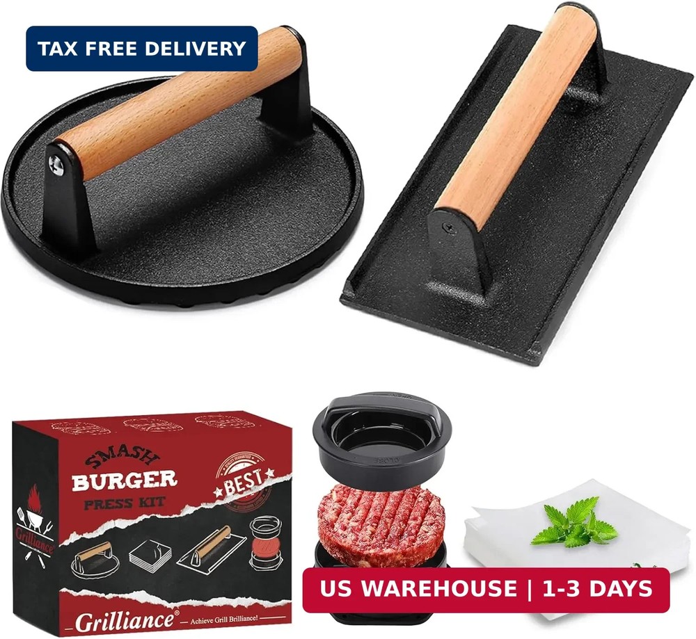 Grilliance Smash Burger Press Kit, 3 in 1 Hamburger Press Patty Maker, Black Cas
